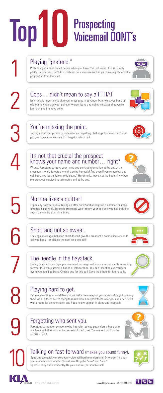 Prospecting Voicemail DONT's. Top 10 things you shouldn’t do while leaving a voicemail. 
