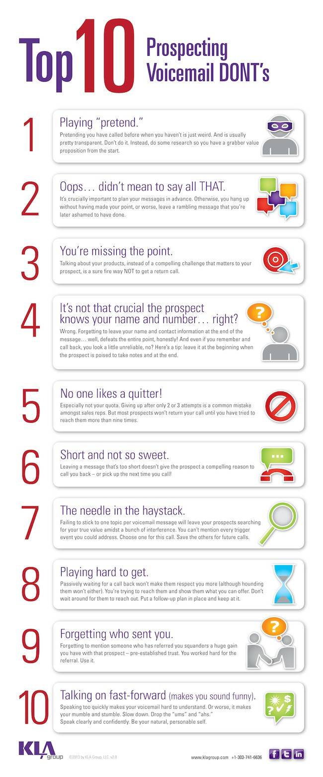 Top 10 things you shouldn’t do while leaving a voicemail Prospecting Voicemail DONT's. Top 10 things you shouldn’t do while leaving a voicemail.
