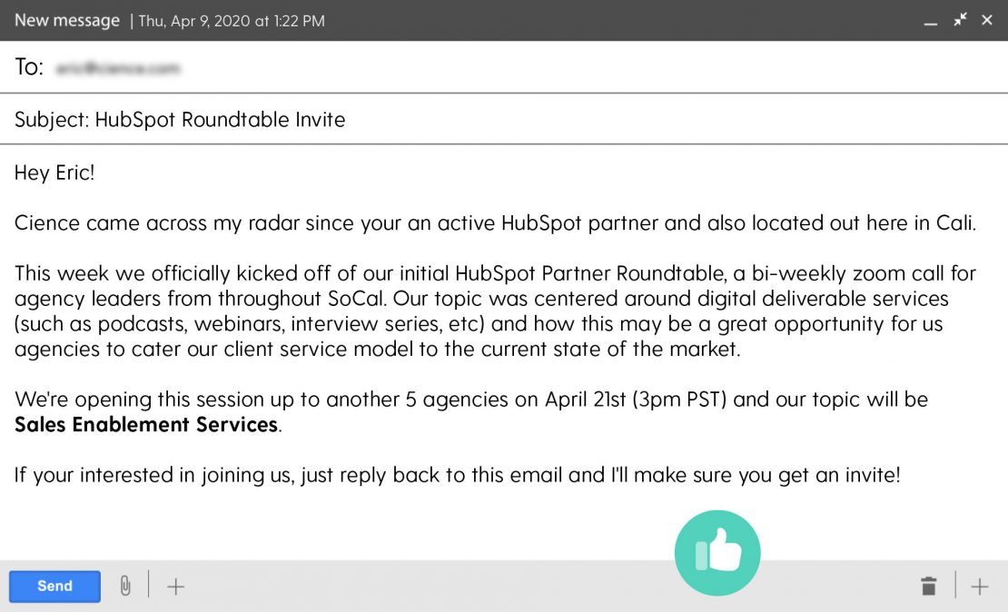 Example of a great cold email
