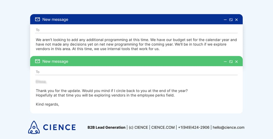 Common objection handling: not at this time - response email example