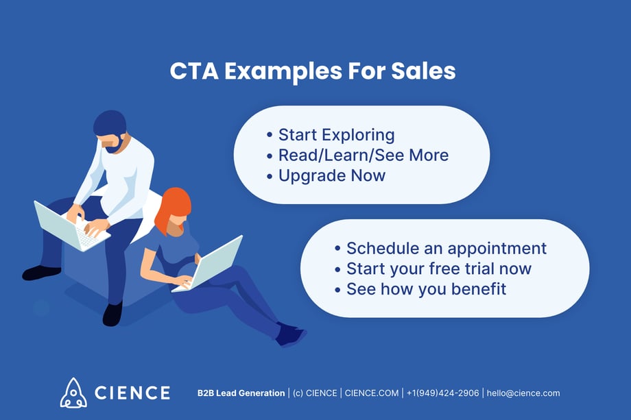 CTA examples for Sales: Start exploring; Read; Learn; See more; Upgrade now; Schedule an appointment; Start your free trial now; See how you benefit